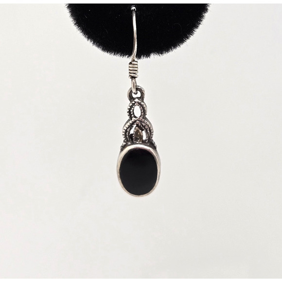 Vintage Sterling Silver Earrings Black Enamel Dangle Filigree Boho Dainty Twee - Picture 2 of 13